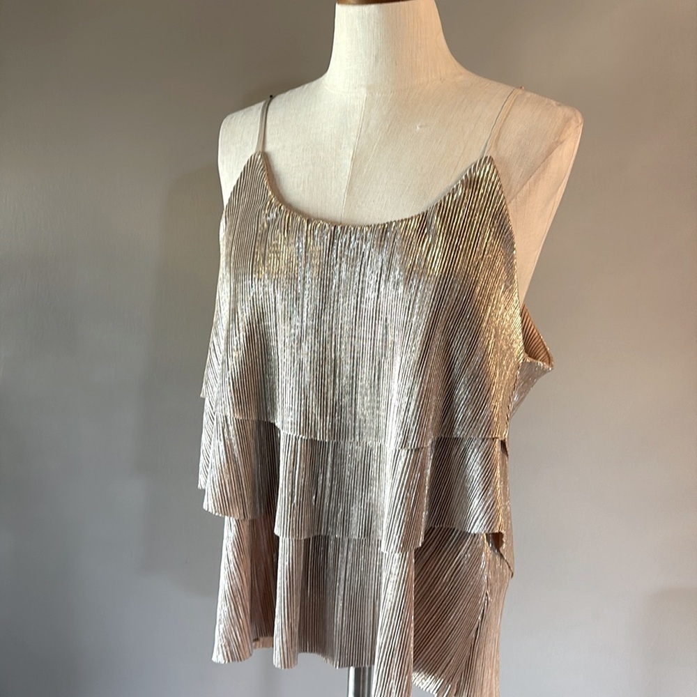 NWOT Patterson J. Kincaid originals Champaign metallic gold tank top tiered L